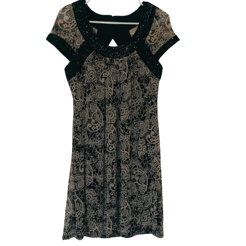 Black and Brown Short Sleeve Dress Sequined Neckline Size M